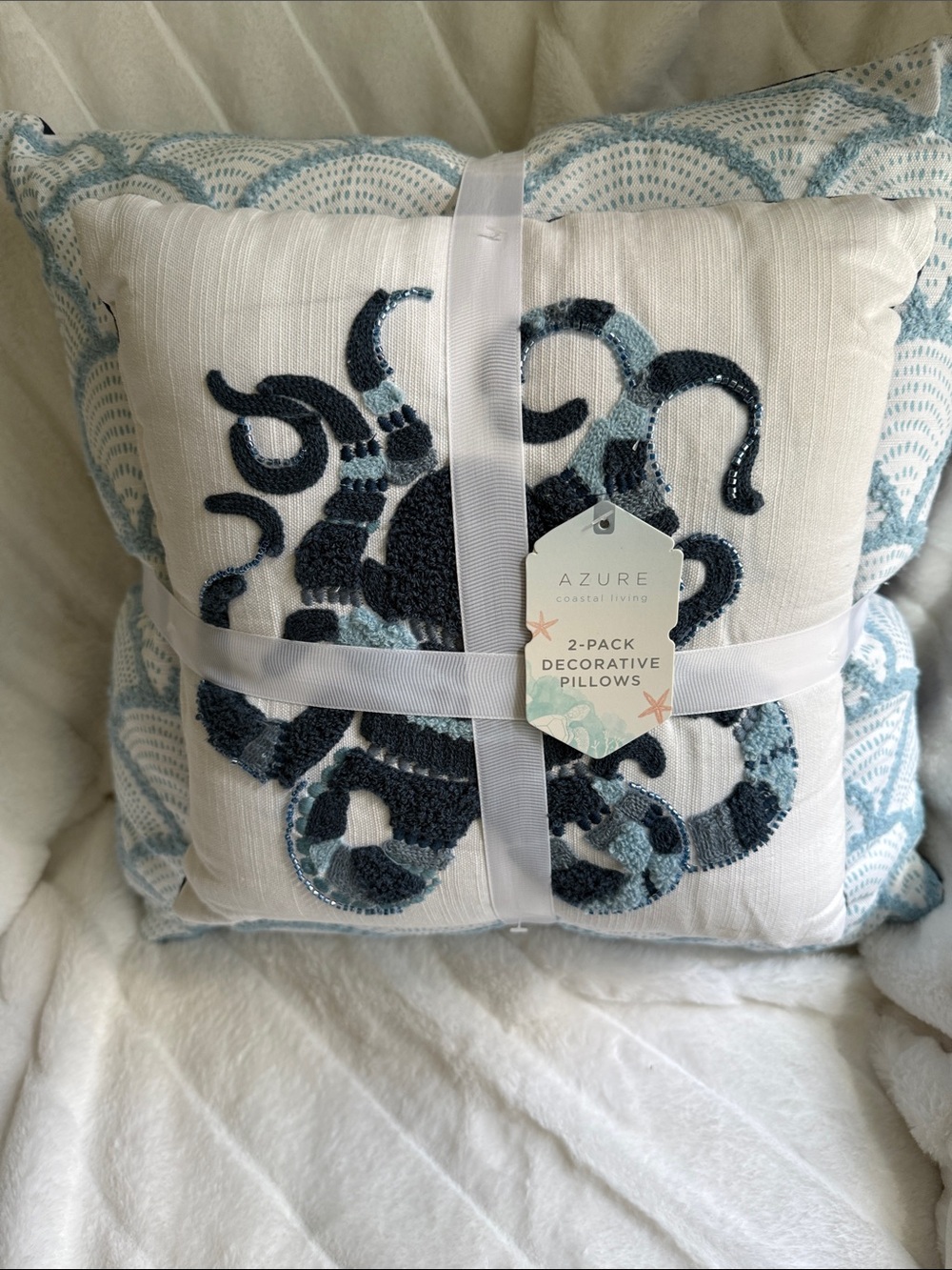 Coastal Blue Octopus Embroidered Throw Pillow - Nautical Accent